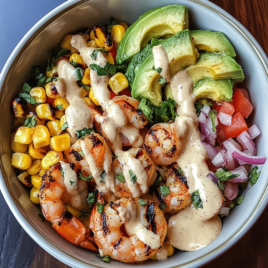 Grilled Shrimp Bowl with Avocado, Corn Salsa & Creamy Garlic Sauce