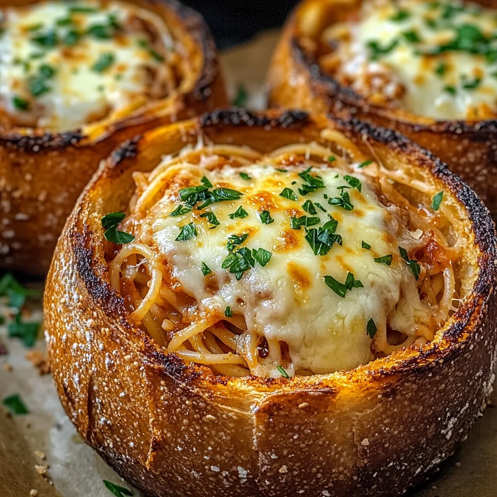 Spaghetti Garlic Bread Bowls