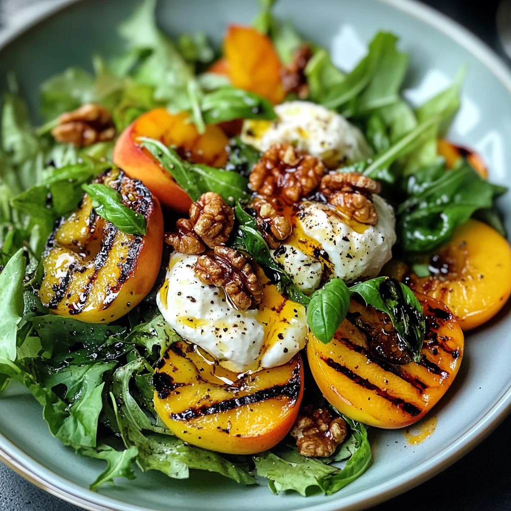Delicious Grilled Peach Burrata Summer Salad w Lemon Vinaigrette