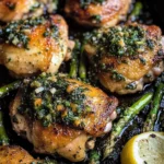 Garlic Butter Roasted Chicken Thighs with Charred Lemon Salsa Verde + Asparagus.
