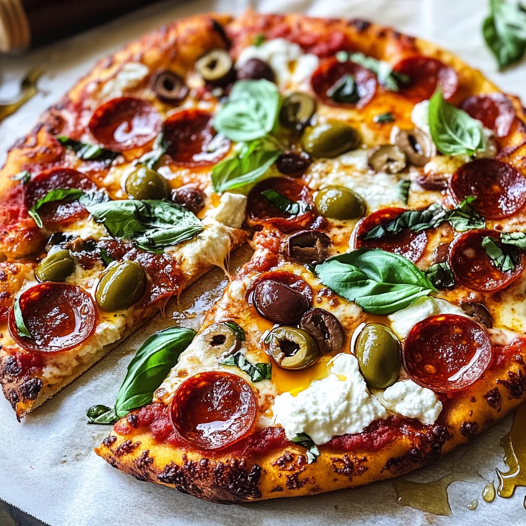Pepperoni Pizza with Hot Honey, Ricotta, Olives, and Basil