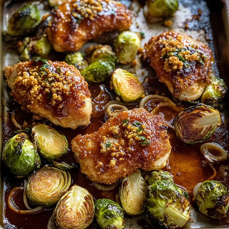 Sheet Pan Hot Honey Mustard Chicken and Crispy Brussels Sprouts.