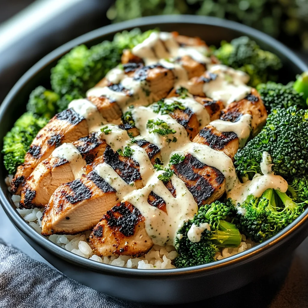 Grilled Chicken & Broccoli Bowls with Creamy Garlic Sauce