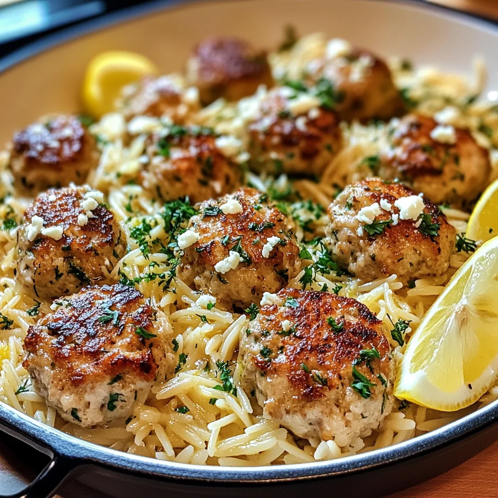 Greek Chicken Meatballs with Lemon Orzo