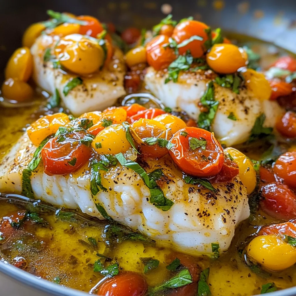 Pan-Seared Cod in White Wine Tomato Basil Sauce