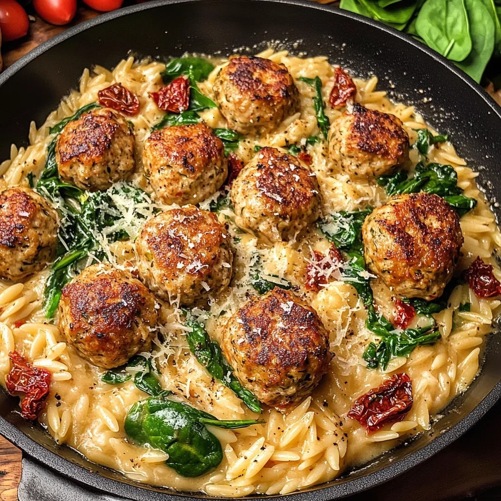 Tuscan Chicken Meatballs and Orzo