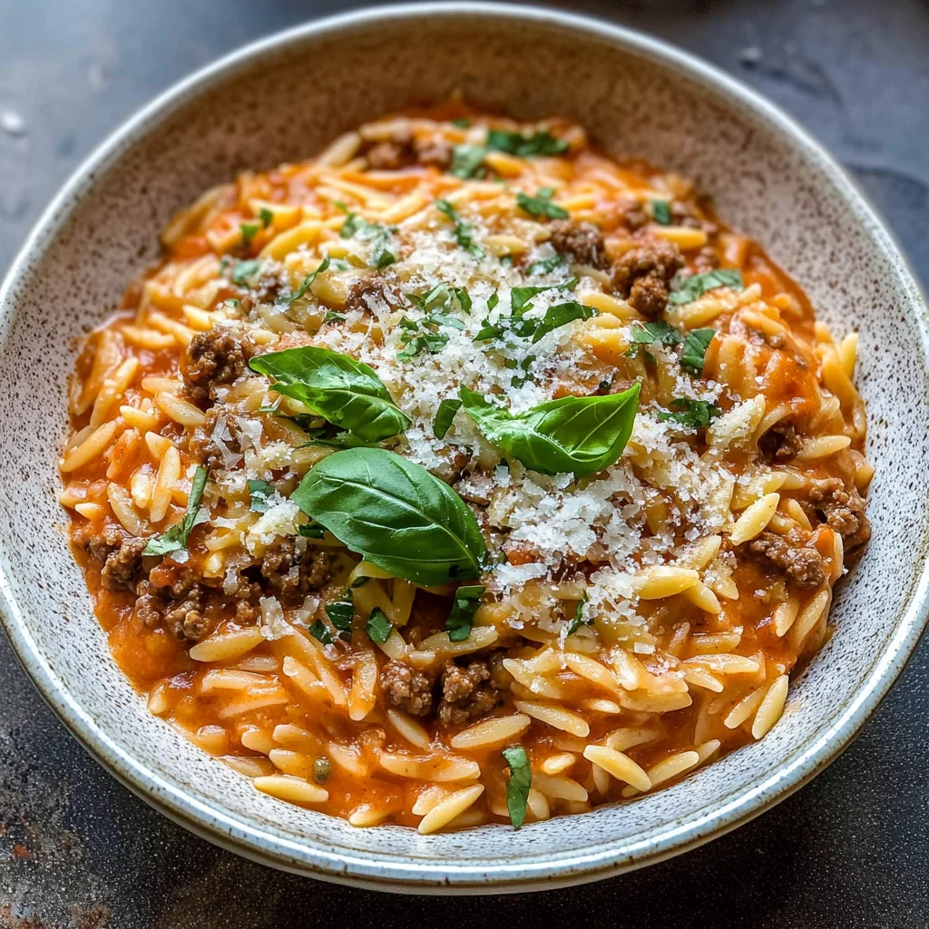 Ground Beef Orzo with Tomato Cream Sauce and Fresh Basil