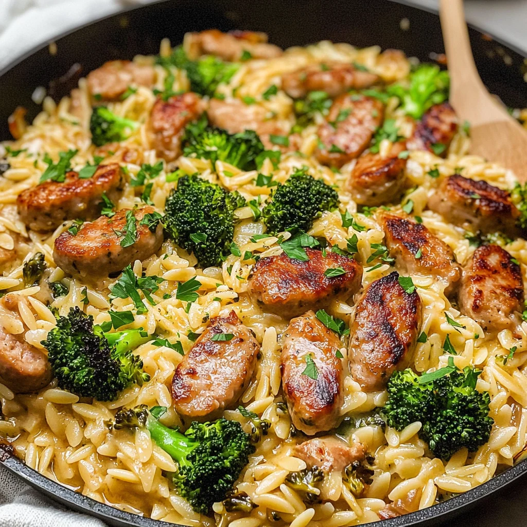 One-Pan Chicken Sausage Broccoli Orzo