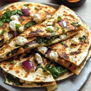 Mediterranean Quesadillas with Spinach, Feta, Mozzarella, and Red Onion