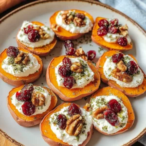 Roasted Sweet Potato Rounds with Herbed Ricotta, Walnuts, and Cranberries