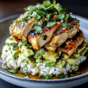 Gluten-Free Tangy Honey Lime Chicken & Avocado Rice Stack