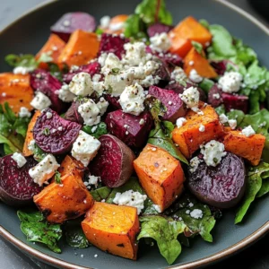 Creamy Roasted Beet Salad with Sweet Potato & Feta