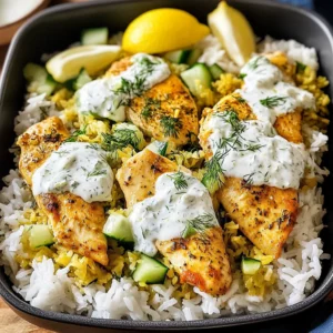 Dump-and-Bake Chicken Tzatziki Rice