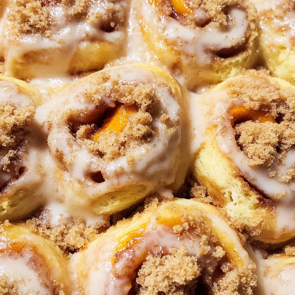 Peach Cobbler Cinnamon Rolls with Crumb Topping